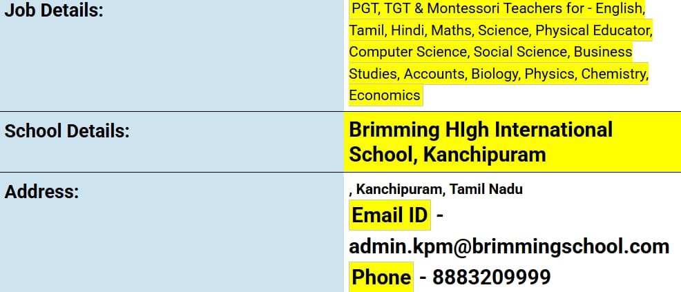 School Jobs at  Brimming High International School, Kanchipuram ,  Kanchipuram